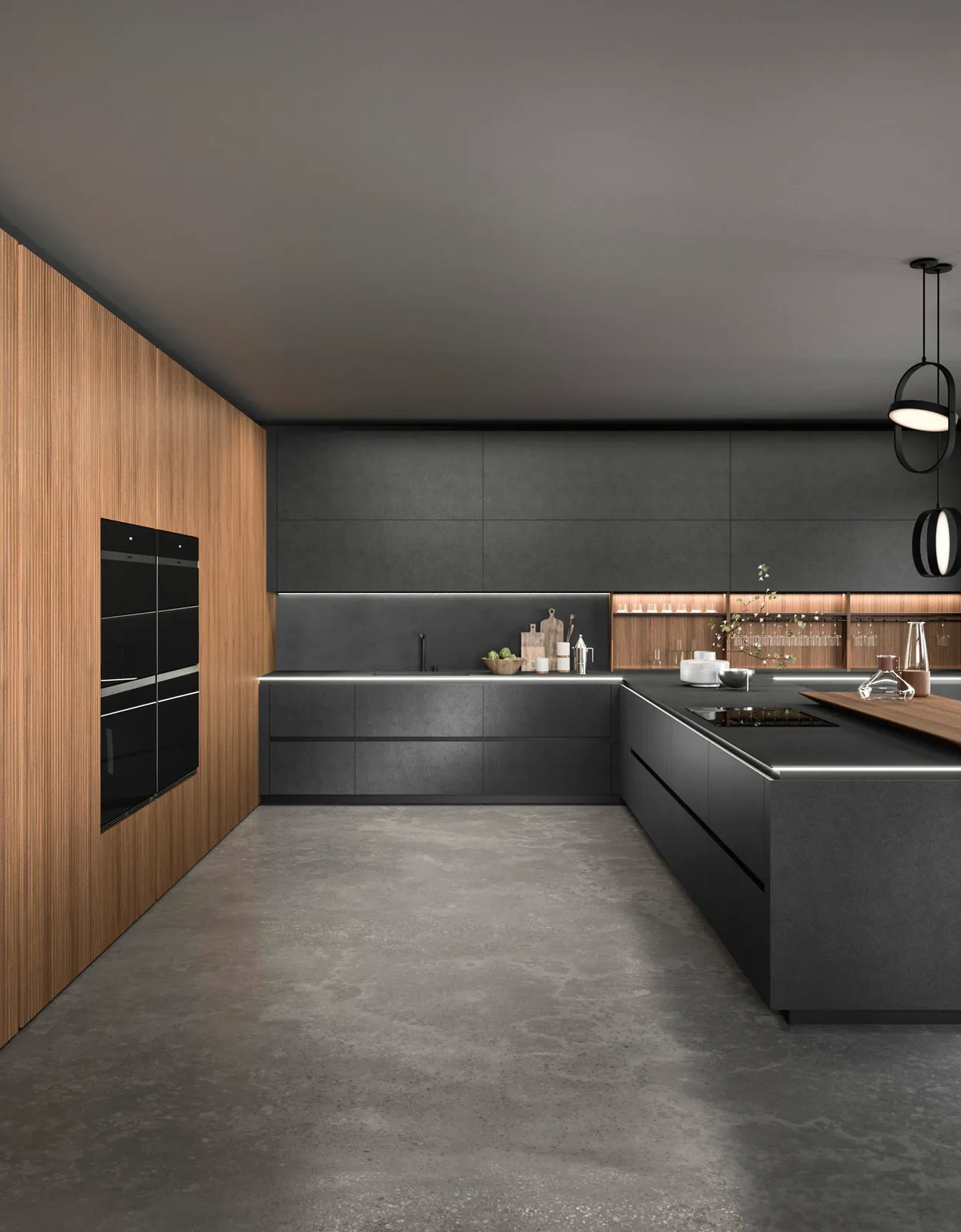 Open keuken met werkblad in lichte steen